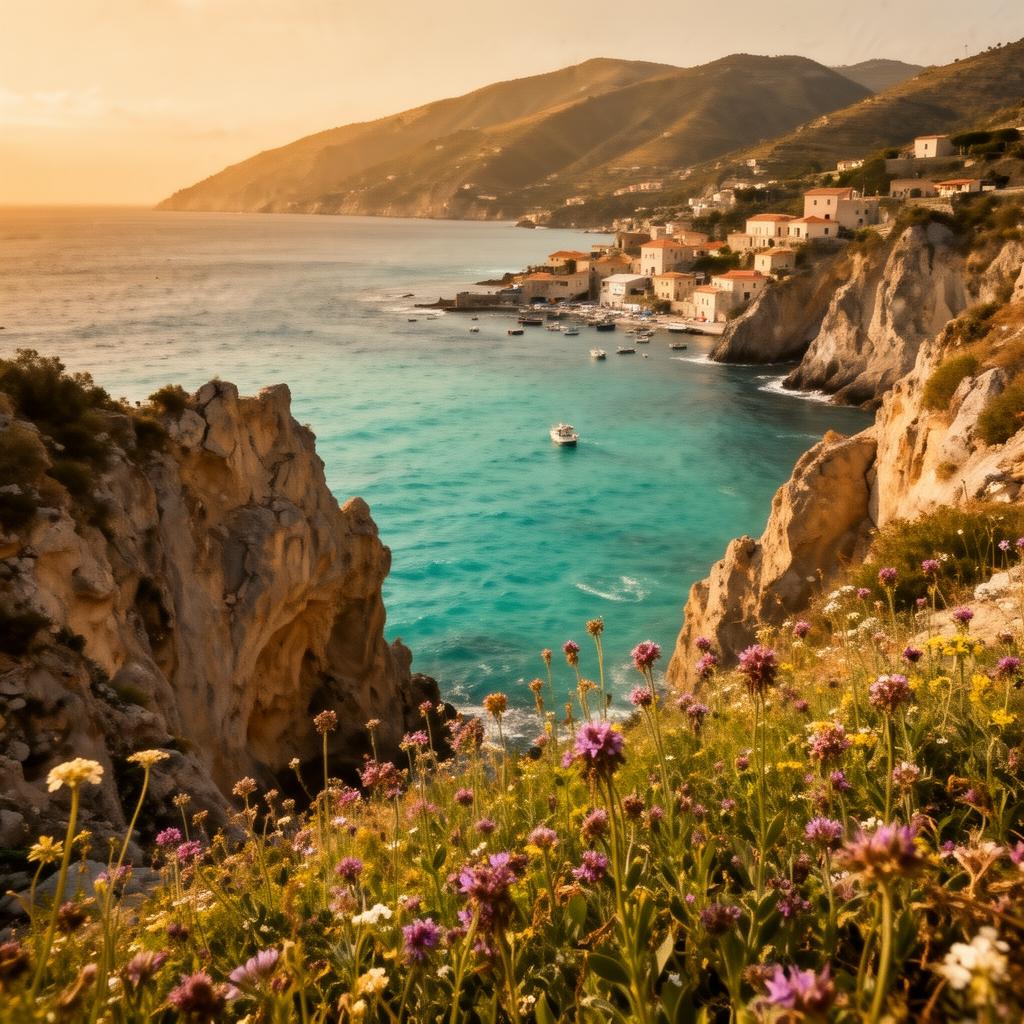 A turquoise cove on the Cilento coast at sunset with wildflowers in the foreground and a small fishing village in the distance