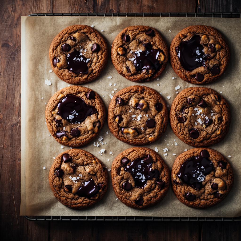 Brown-butter chocolate chip cookies cooling on parchment paper, finished with flaky sea salt and pools of dark chocolate