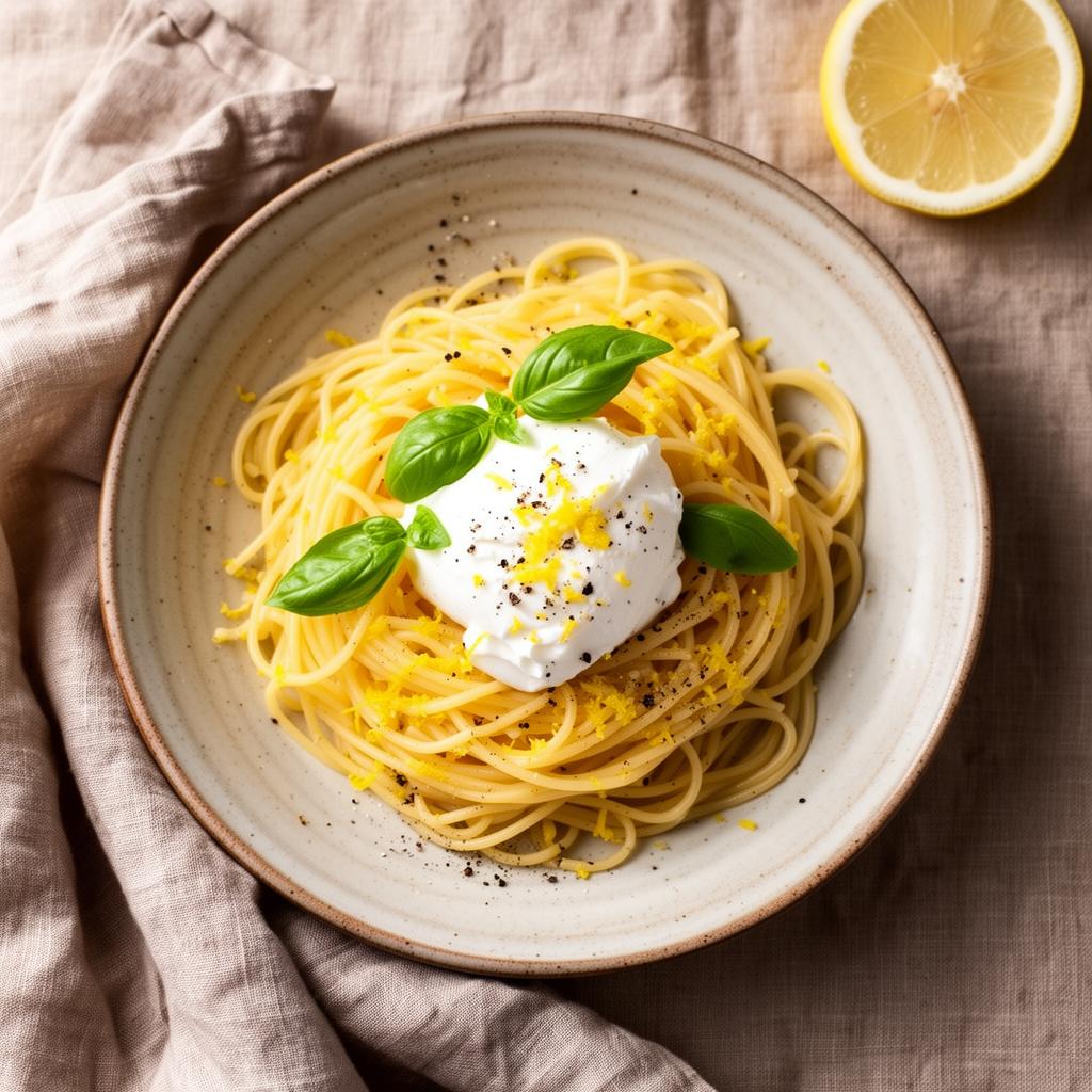 Overhead shot of lemon spaghetti topped with burrata, basil, and lemon zest on a rustic ceramic plate