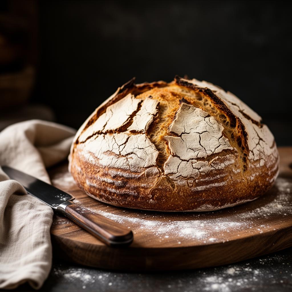 A rustic sourdough loaf with a deeply scored crust resting on a wooden board with a dusting of flour