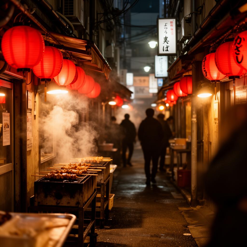 A narrow Tokyo alley at night with glowing red lanterns and steam rising from a yakitori grill